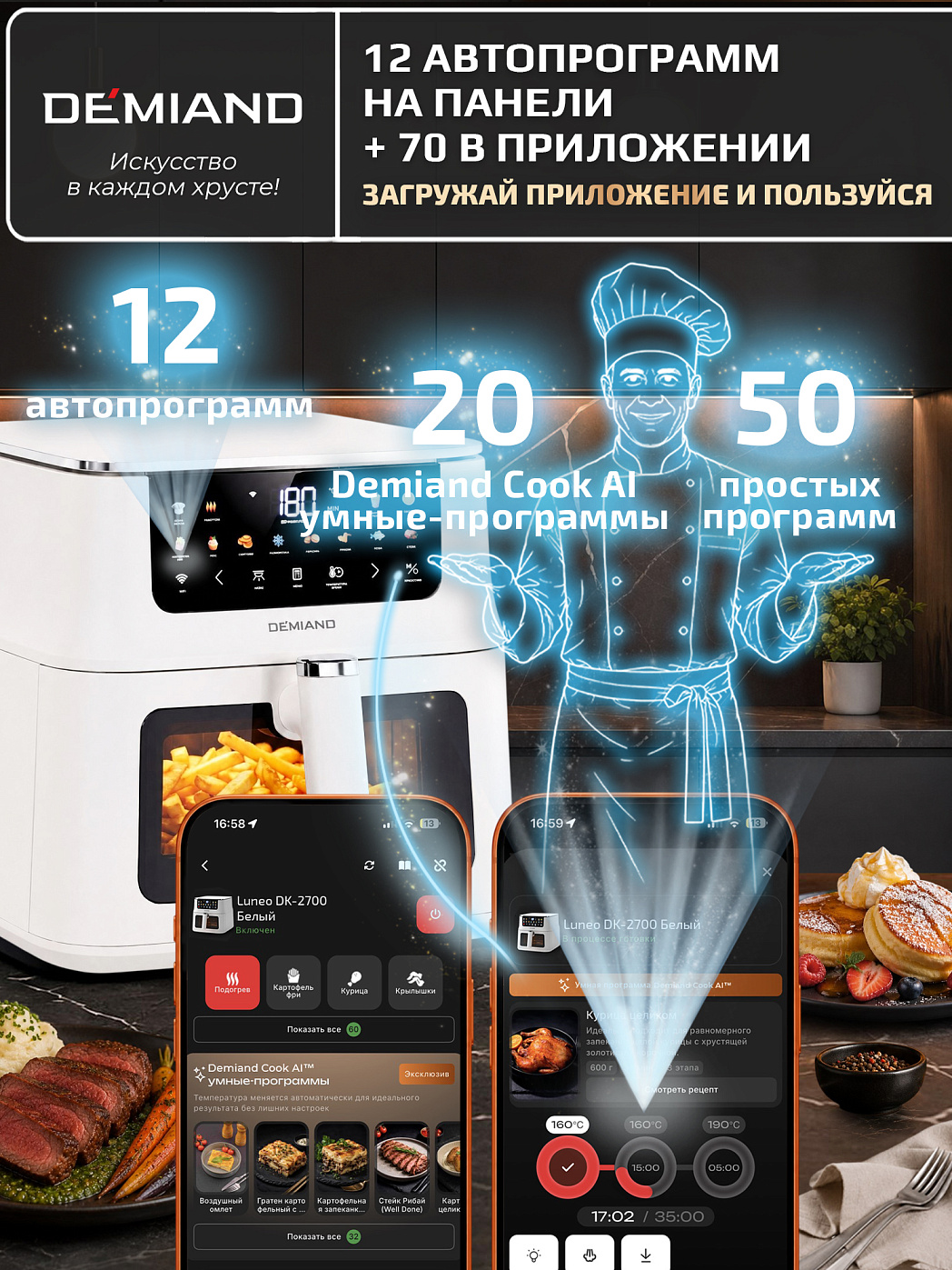 картинка Аэрогриль DEMIAND LUNEO DK-2700/Белый с Wi-Fi управлением